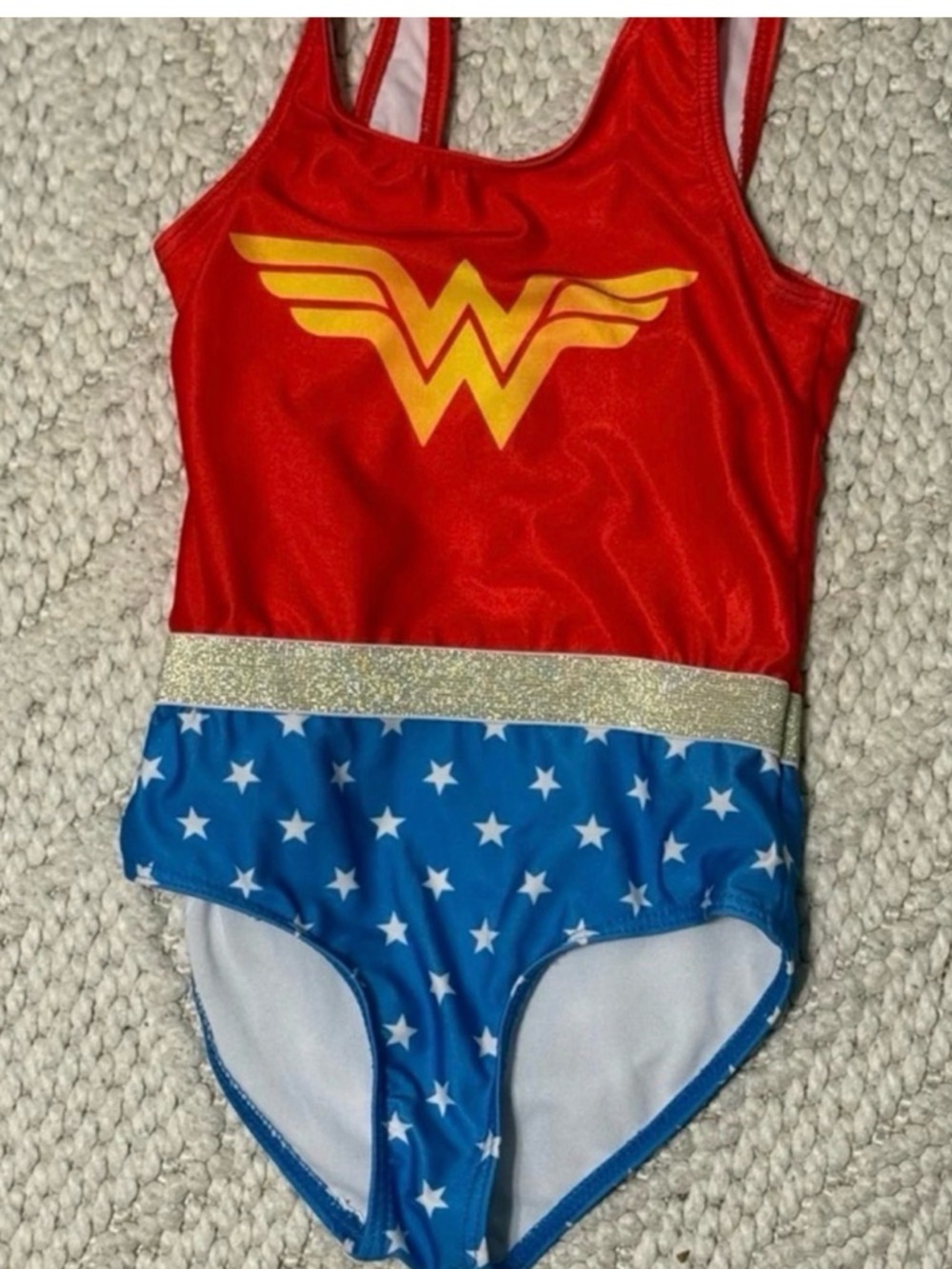 NWOT DC Girls Red & Blue Wonder Emblem Swimsuit, 5/6